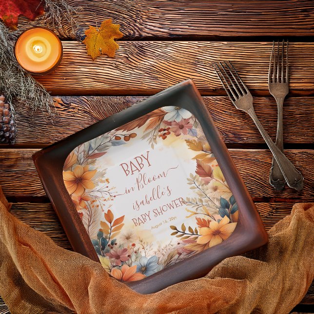 Boho Baby in Bloom Fall Floral Frame Baby Shower Paper Plates (Boho Baby in Bloom Fall | Autumn Floral Frame Baby Shower Square Paper Plates)