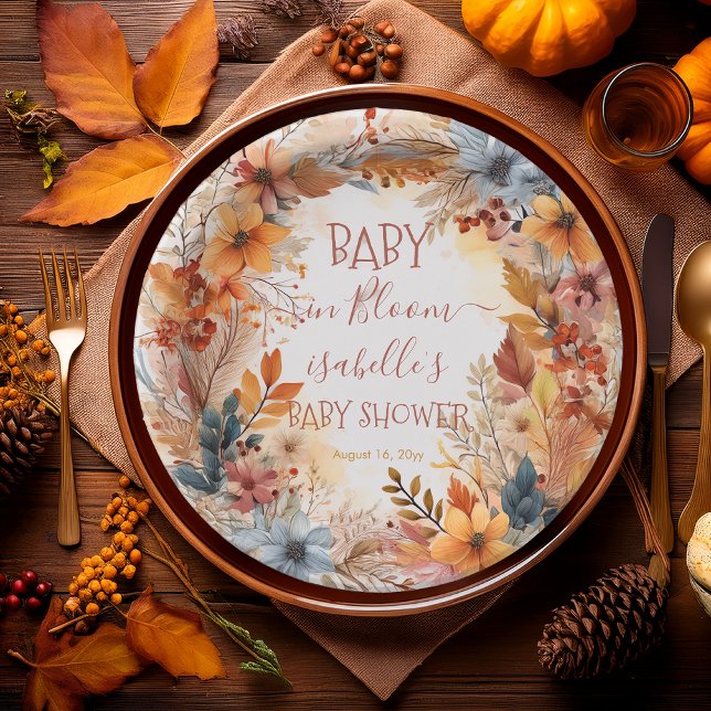 Boho Baby in Bloom Fall Floral Frame Baby Shower Paper Plates (Boho Baby in Bloom Fall | Autumn Floral Frame Baby Shower Round Paper Plates)