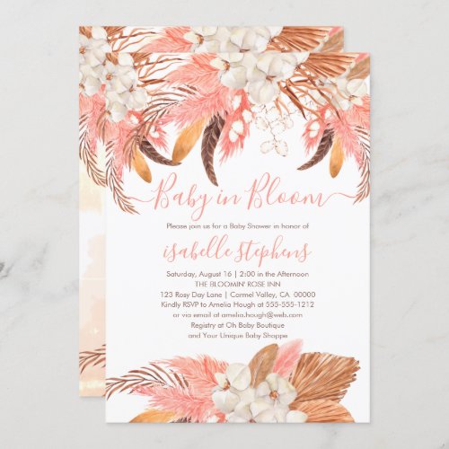 Boho Baby in Bloom Pink Pampas Grass Baby Shower I Invitation