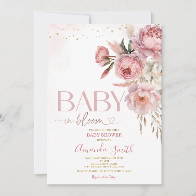 Boho Baby In Bloom Pink Roses Flowers Baby Shower Invitation (Front)