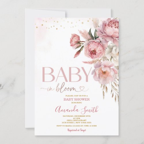 Boho Baby In Bloom Pink Roses Flowers Baby Shower Invitation