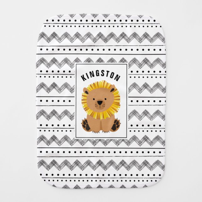 Boho Baby Lion Black and White Pattern Baby Burp Cloth (Front)