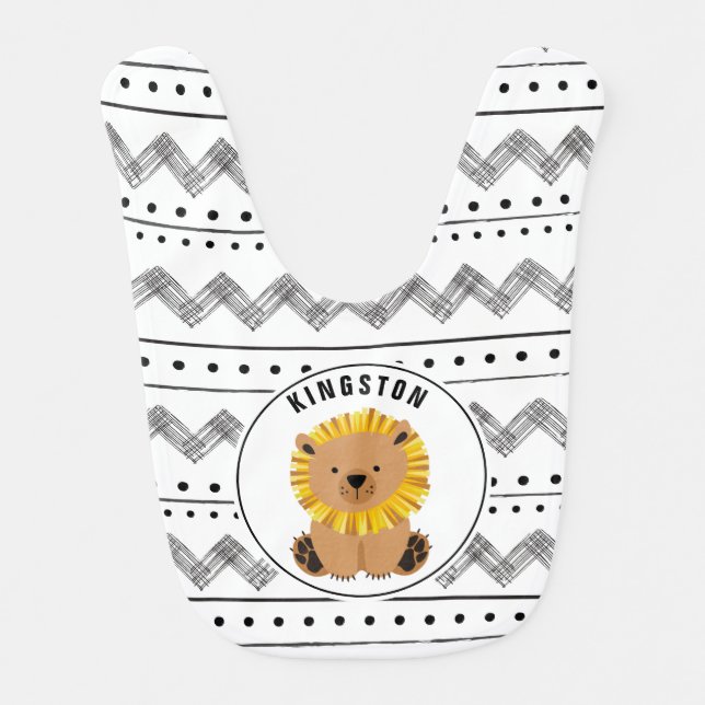 Boho Baby Lion Black + White Pattern Baby Bib (Front)