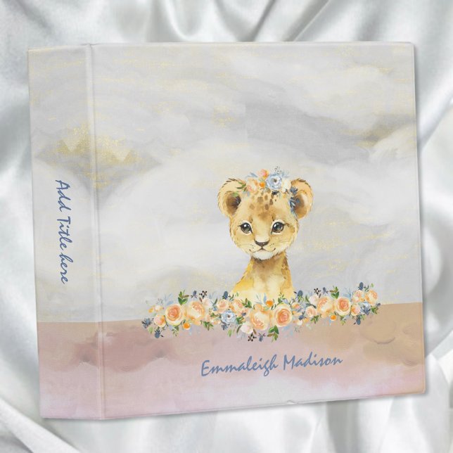 Boho Baby Lion Cub Floral Safari Watercolor 3 Ring Binder (Creator Uploaded)
