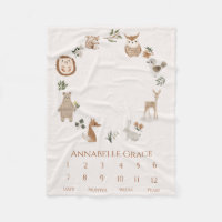 Boho Baby Milestone Woodland Animal Wreath Fleece Blanket