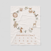 Boho Baby Milestone Woodland Animal Wreath Fleece Blanket