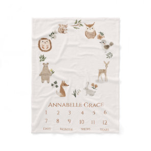 Boho Baby Milestone Woodland Animal Wreath Fleece Blanket