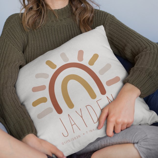 Boho Baby Nursery Girl Birth Stats Name Throw Pillow (Creator Uploaded)