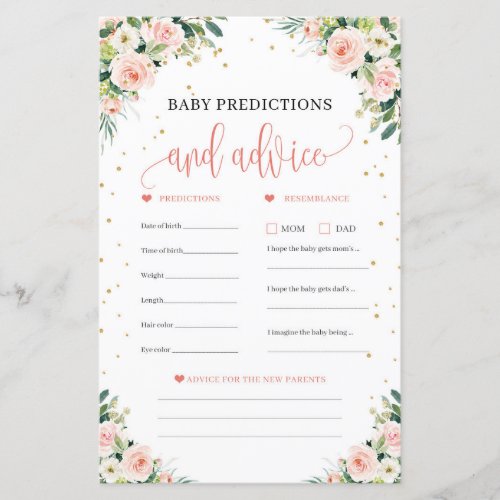 Boho baby predictions and advice game card blush