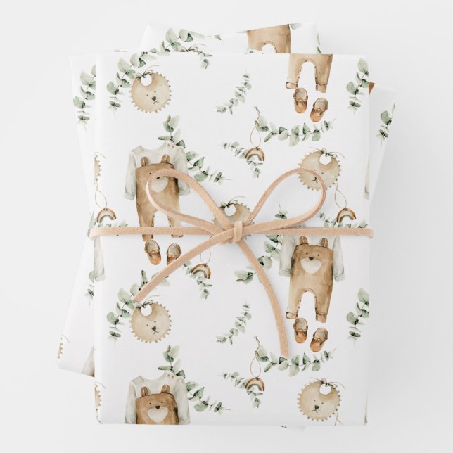 Boho Baby Rainbows Bibs Botanical Greenery Pattern Wrapping Paper Sheets (In situ)