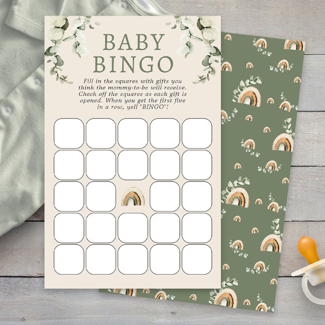 Boho Baby Shower Bingo Game (Boho Sage Green Eucalyptus Rainbow Baby Shower Bingo Game by Painted Paperie
)