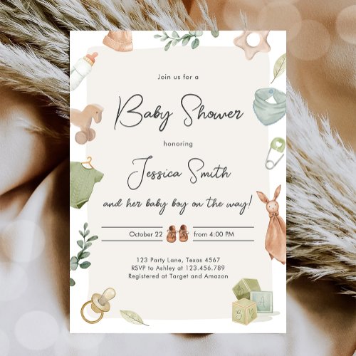 Boho Baby Shower Boy Neutral Clothes Rustic Invitation