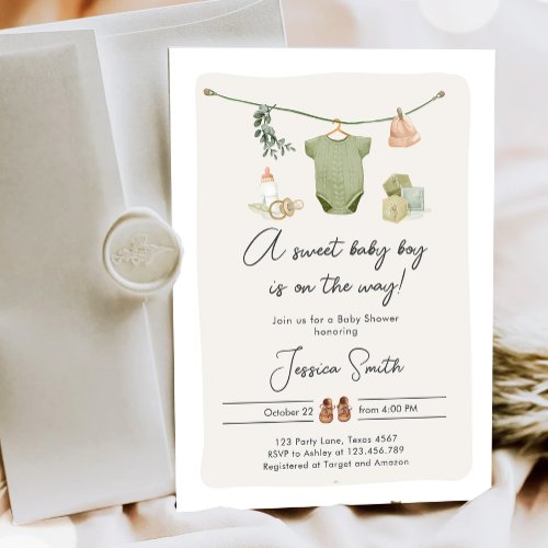 Boho Baby Shower Boy On the Way Clothes Rustic Invitation