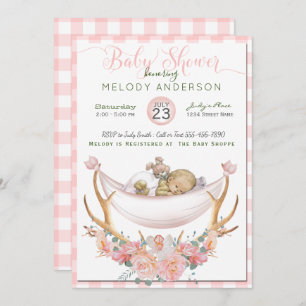 BOHO Baby Shower Coral  Hammock Antlers Floral Invitation