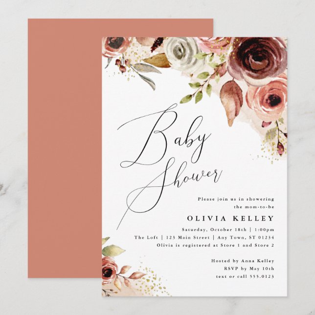 Boho Baby Shower, Earthy Floral Invitation (Front/Back)