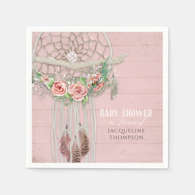 BOHO Baby Shower Feathers Dream Catcher Wood Roses Paper Napkins (Front)