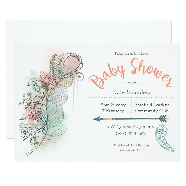 Boho Baby Shower Floral Feather Hand Drawn Invites