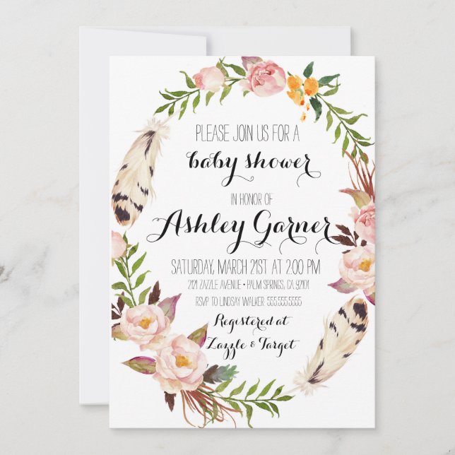Boho Baby Shower Invitation, Feather, Flower Invitation (Front)