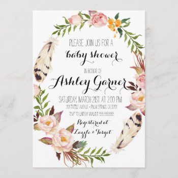 Boho Baby Shower Invitation  Feather  Flower Invitation by design_and_donuts at Zazzle