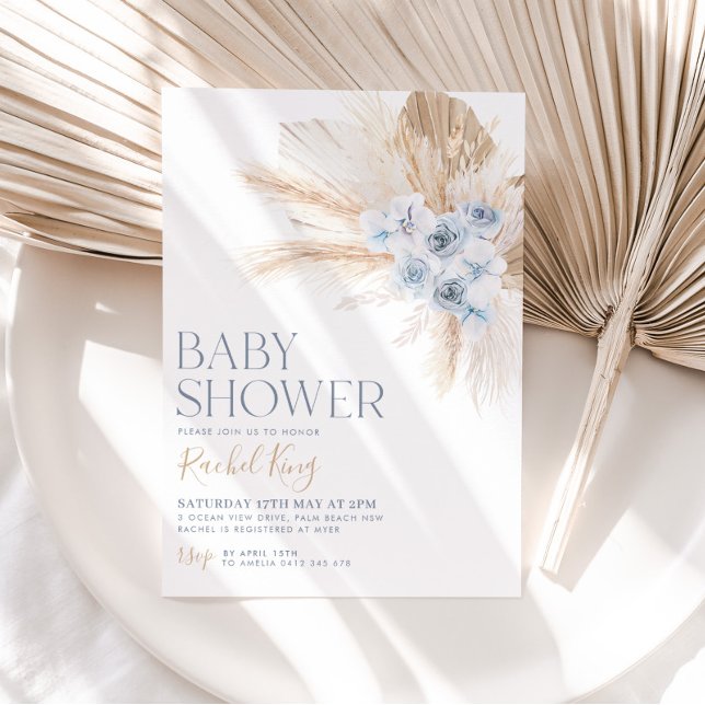 Boho Baby Shower Invitation Flowers Blue Neutral (Creator Uploaded)