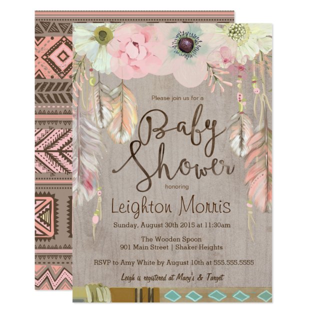 Boho Baby Shower Invitation, Tribal Feather Rustic Card