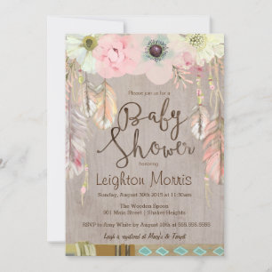 Boho Baby Shower Invitation, Tribal Feather Rustic Invitation