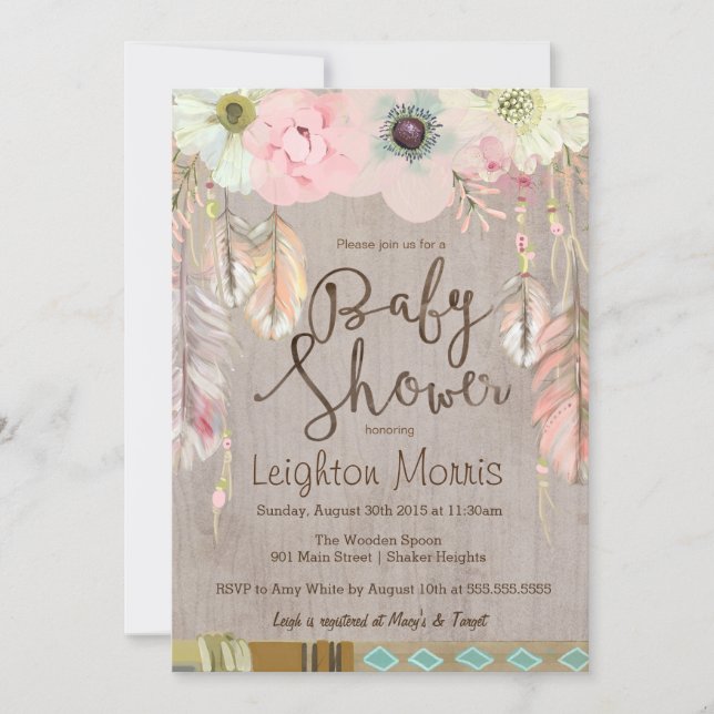 Boho Baby Shower Invitation, Tribal Feather Rustic Invitation (Front)