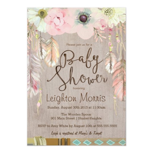 boho baby shower invitation tribal feather rustic invitation