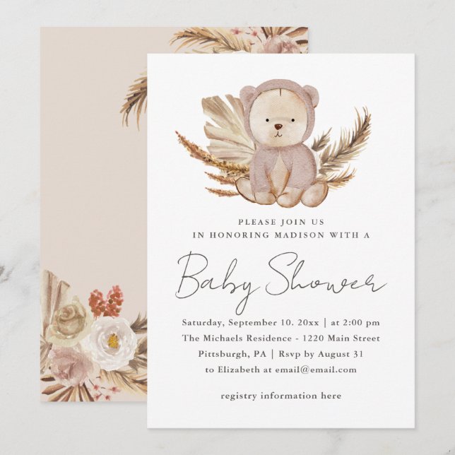 Boho Baby Shower Invitation with Sweet Bear (Front/Back)