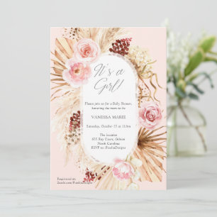 Boho Baby Shower its a Girl pink floral pampas Invitation