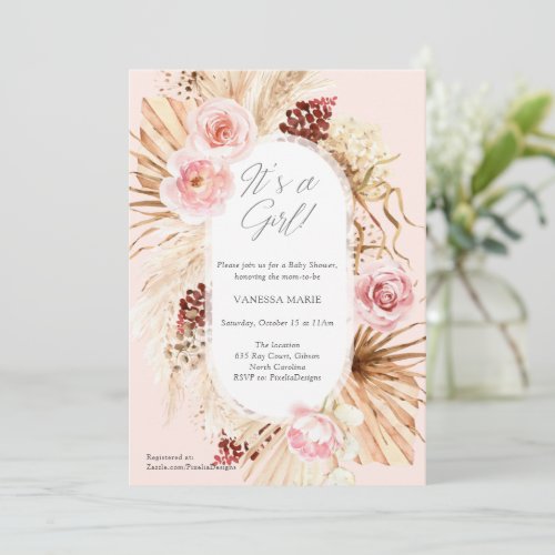 Boho Baby Shower its a Girl pink floral pampas  Invitation