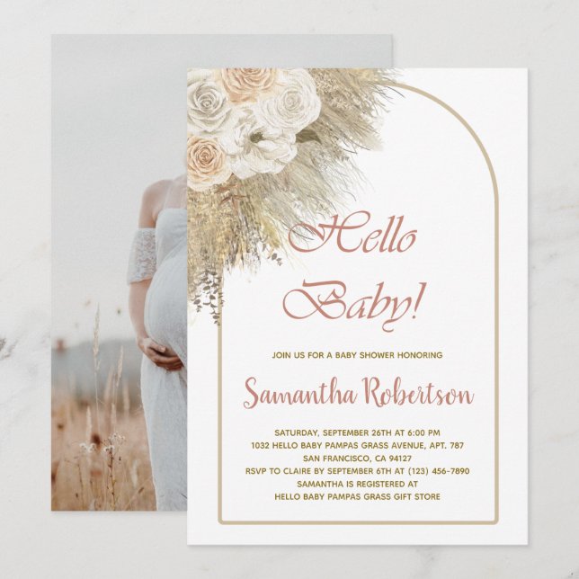 Boho Baby Shower Pampas Grass Botanical Photo Invitation (Front/Back)