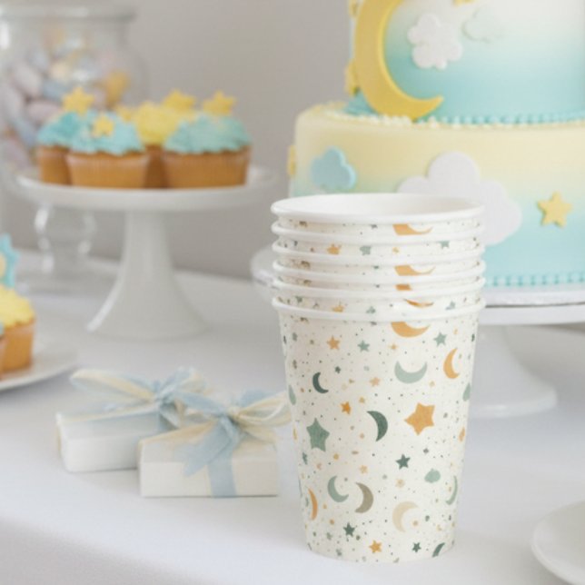 Boho Baby Shower Paper Cups–Moon and Stars Paper Cups (Boho moon and stars baby shower drink cups)
