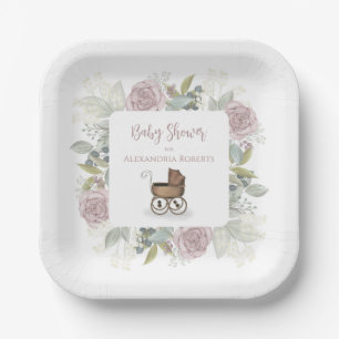 Boho Baby Shower Pink Botanical Floral Vintage Paper Plates