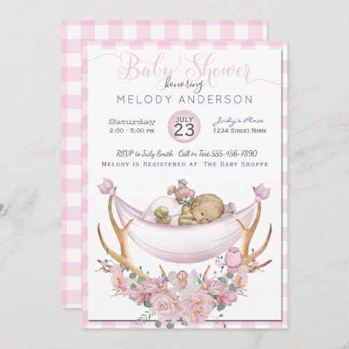 BOHO Baby Shower Pink Hammock Antlers Floral Invitation