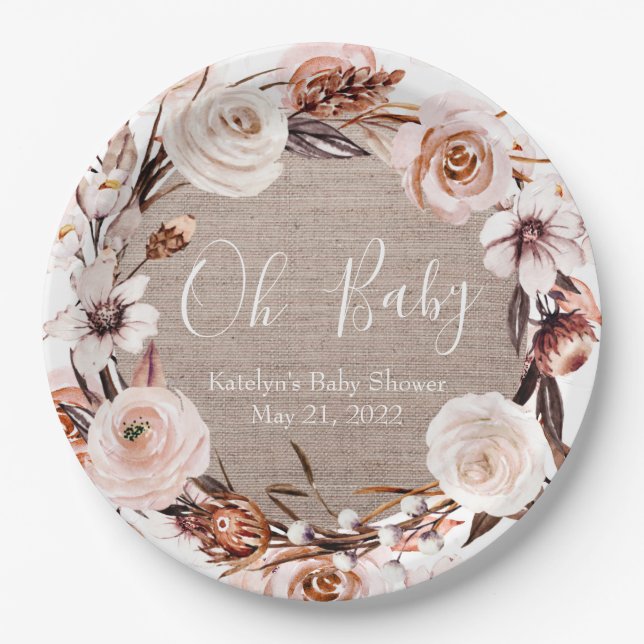 Boho Baby Shower Plates Burlap Oh Baby (Front)