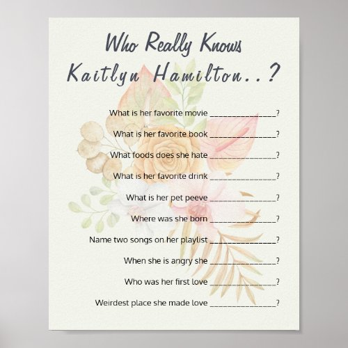 Boho Baby Shower Question Game New Mother Humor Poster