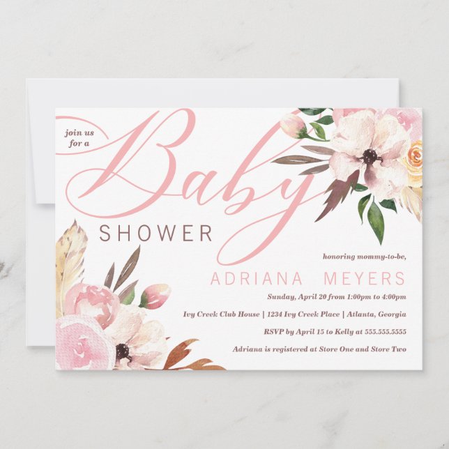 Boho Baby Shower, Watercolor Floral Invitation (Front)
