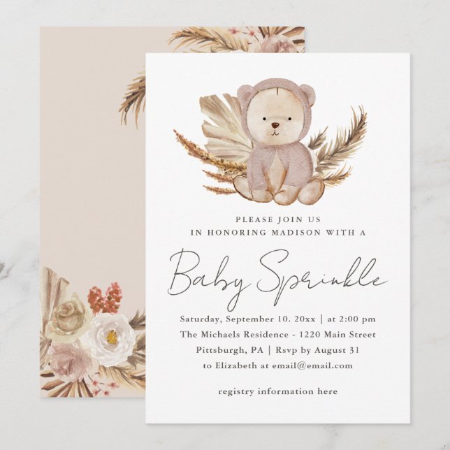 Boho Baby Sprinkle Invitation with Sweet Bear (Front/Back)