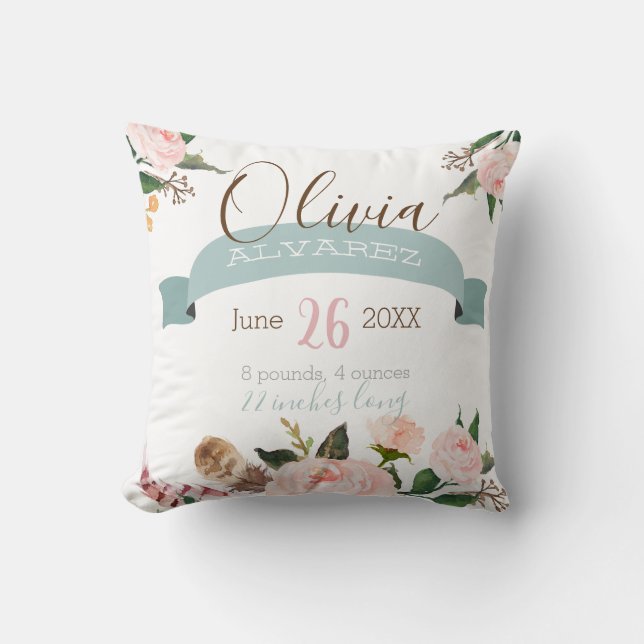Boho baby stats, birth announcement pillow (Front)