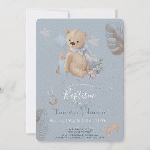 Boho baby teddy bear Baptism Invitation