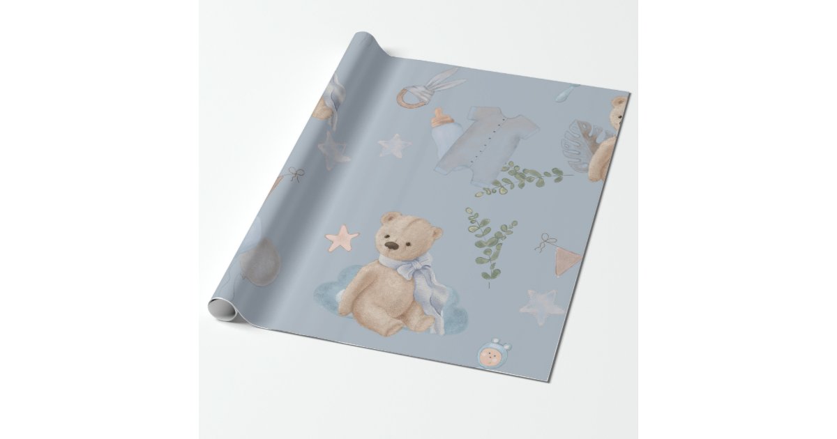 Blue Baby Boy Teddy Bear Watercolor Baby Shower Wrapping Paper, Zazzle