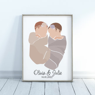 Boho Baby Twin Girls Name Nursery Poster