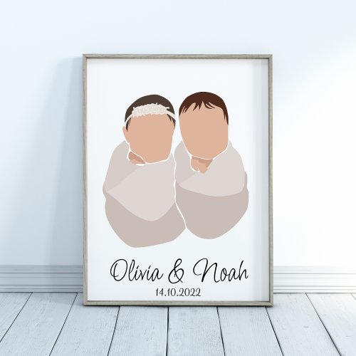 Boho Baby Twins GirlBoy Name Nursery Poster