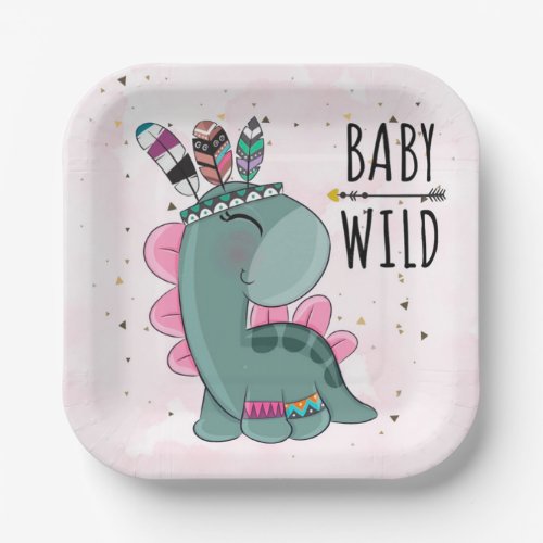 Boho Baby Wild Dinosaur Girl Baby Shower Paper Plates