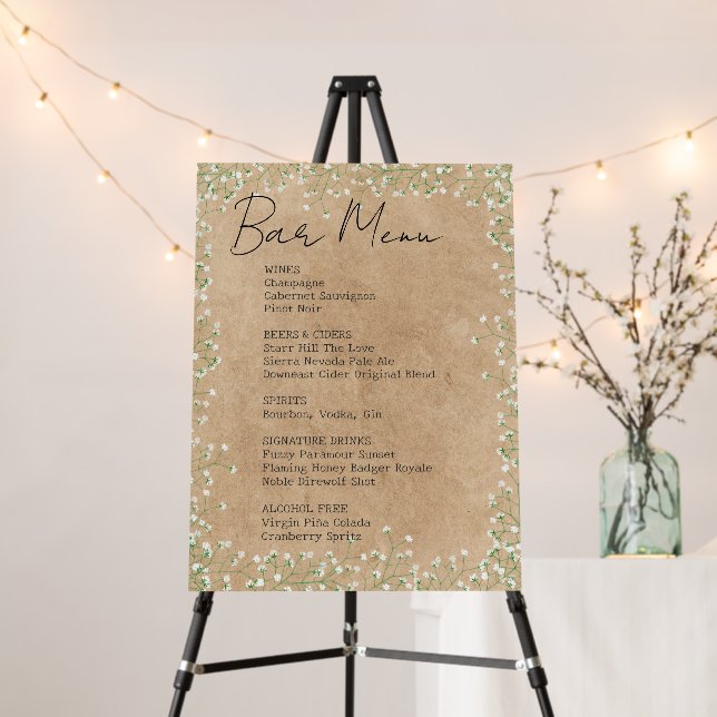   Boho Baby's Breath Flowers Wedding Bar Menu Sign (In Situ (Stand))