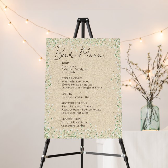   Boho Baby's Breath Flowers Wedding Bar Menu Sign (In Situ (Stand))