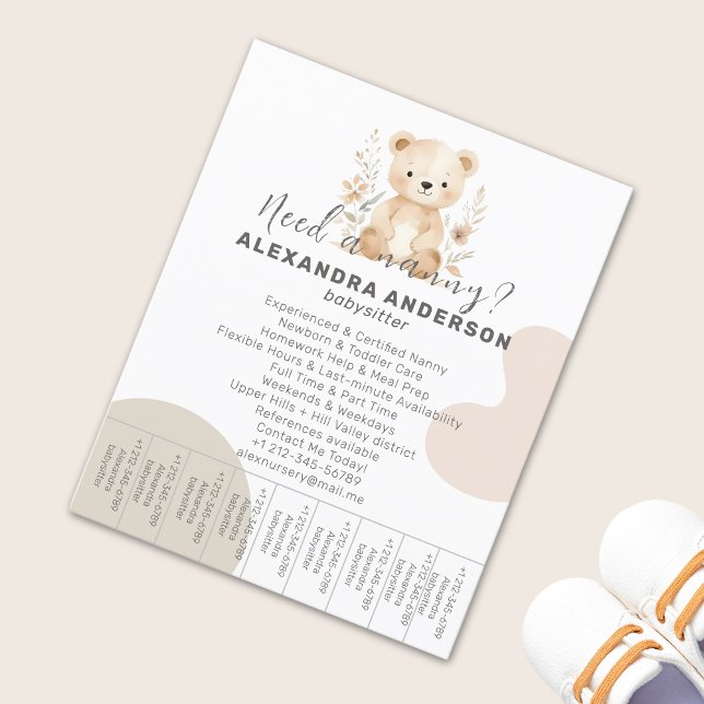 Boho Babysitter Bear Watercolor Service Tear-Off Flyer (Boho Babysitter Bear Watercolor Service Tear-Off Flyer)