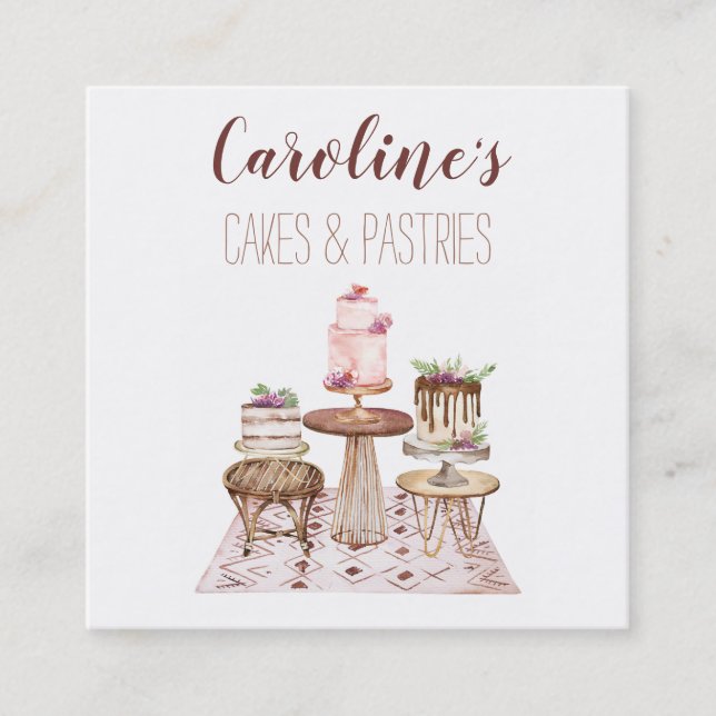 Boho Baking Bakery Boutique, Cupcakes & Pastries S Square Business Card (Front)