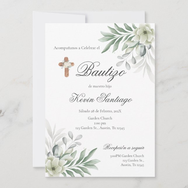 Boho Baptism Español Invitación floral Invitation (Front)